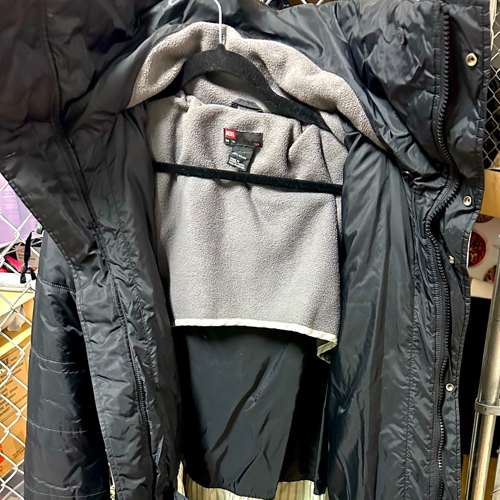 Full length high collar double zipper Black DIESEL Puffer with Detachable hood.